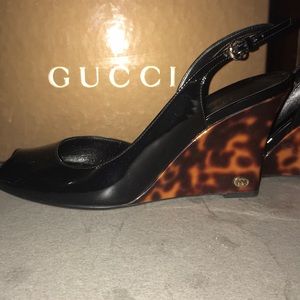 Authentic Gucci black patent open toe wedge